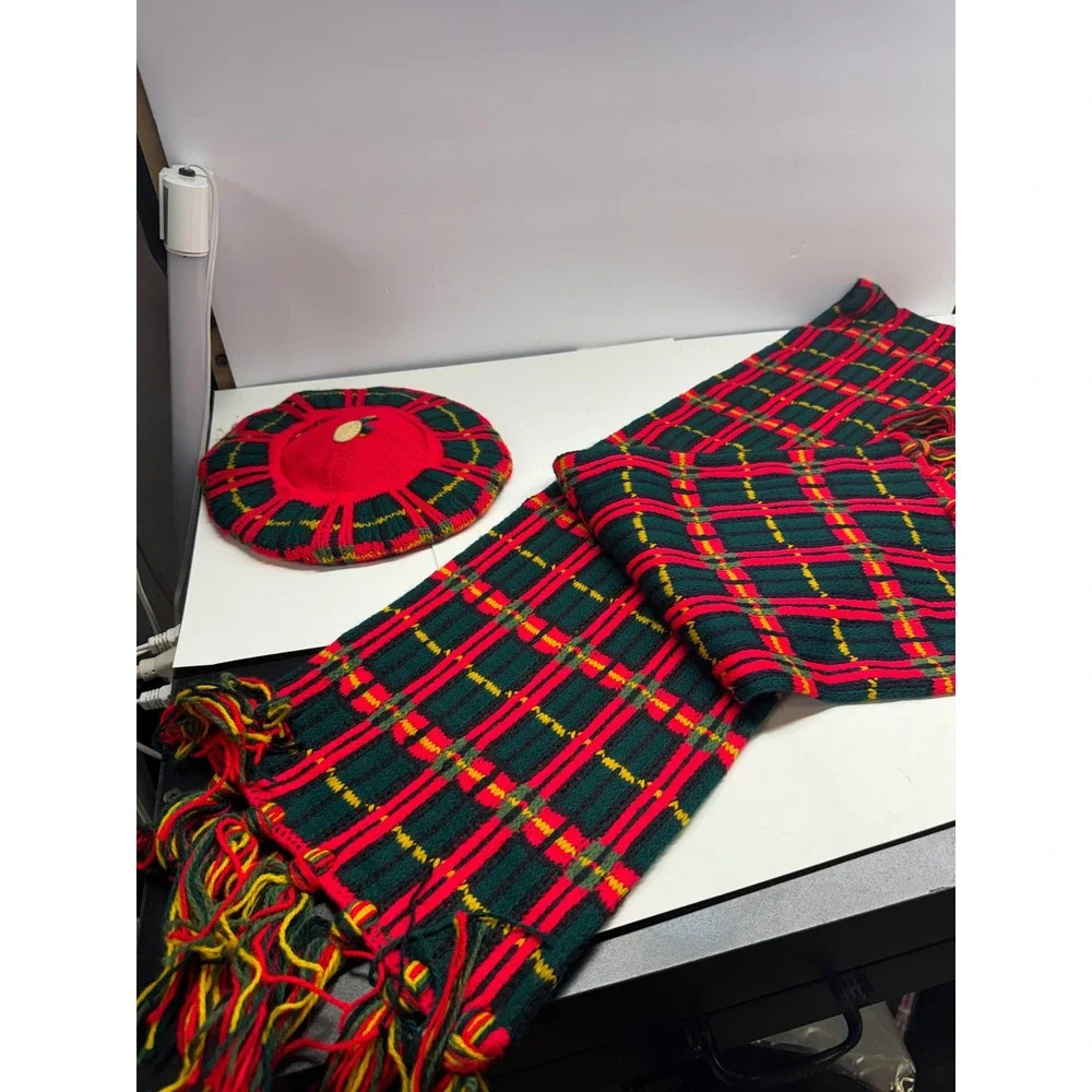 Vintage Stretch Knit Plaid Tam Hat and Scarf Set Red Green Yellow USA Made NOS